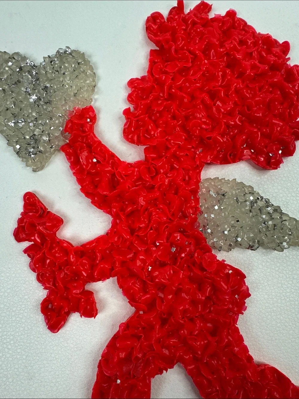 Vintage Red Cupid melted popcorn Wall hanging sparkle Silver Heart & wings